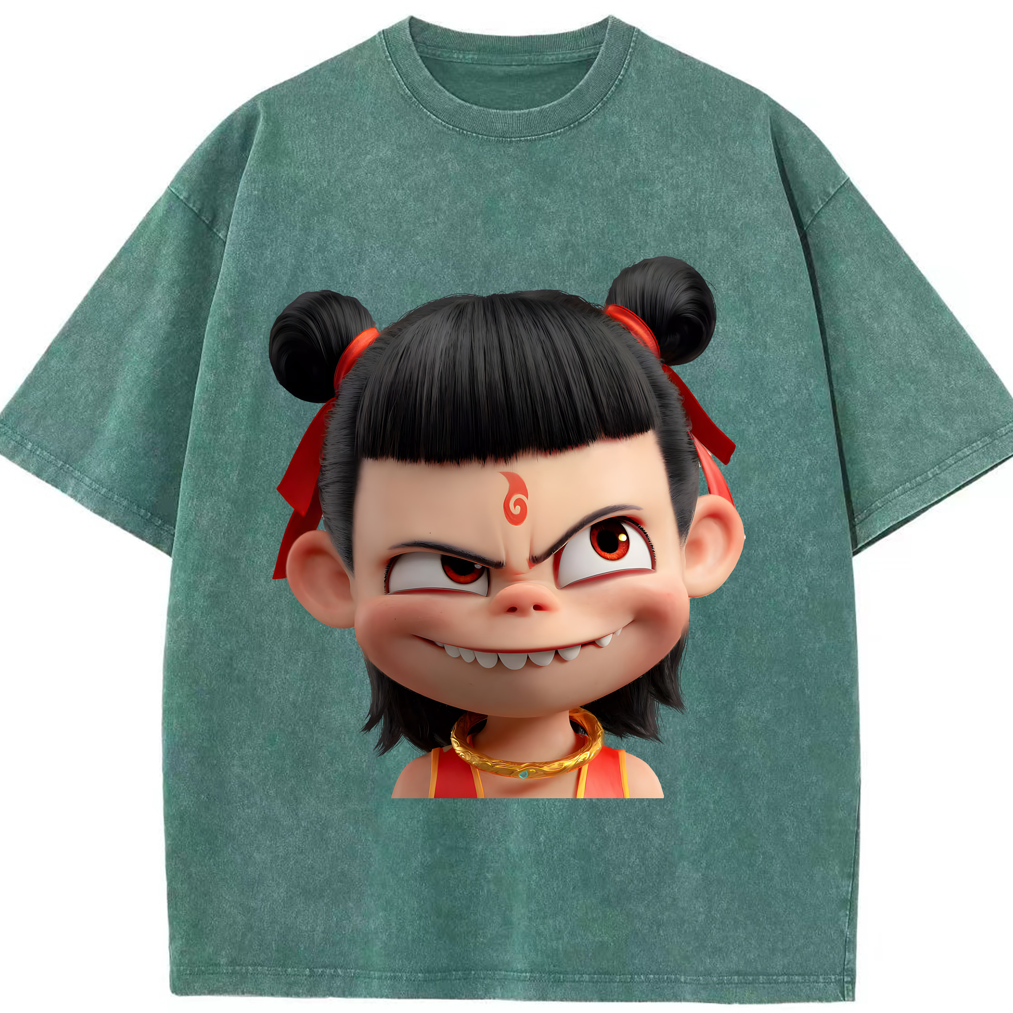 （画像用） Ne Zha 2 ナタ 魔童の大暴れ 綿100% ヴィンテージ風 半袖Tシャツ（フロントプリント）